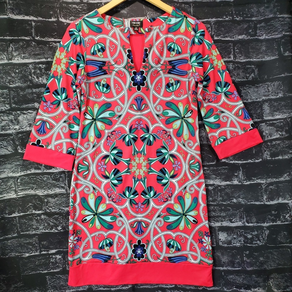 Nicole Miller Dress Women XS Coral Pink Geometric Kaleidoscope Tunic Shift
